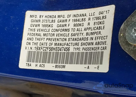 2017 Honda Civic Lx from USA, damaged, VIN 19XFC2F58HE047456